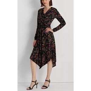 Lauren Ralph Lauren Floral Surplice Jersey Dress Black Multi Women's 6 NWT